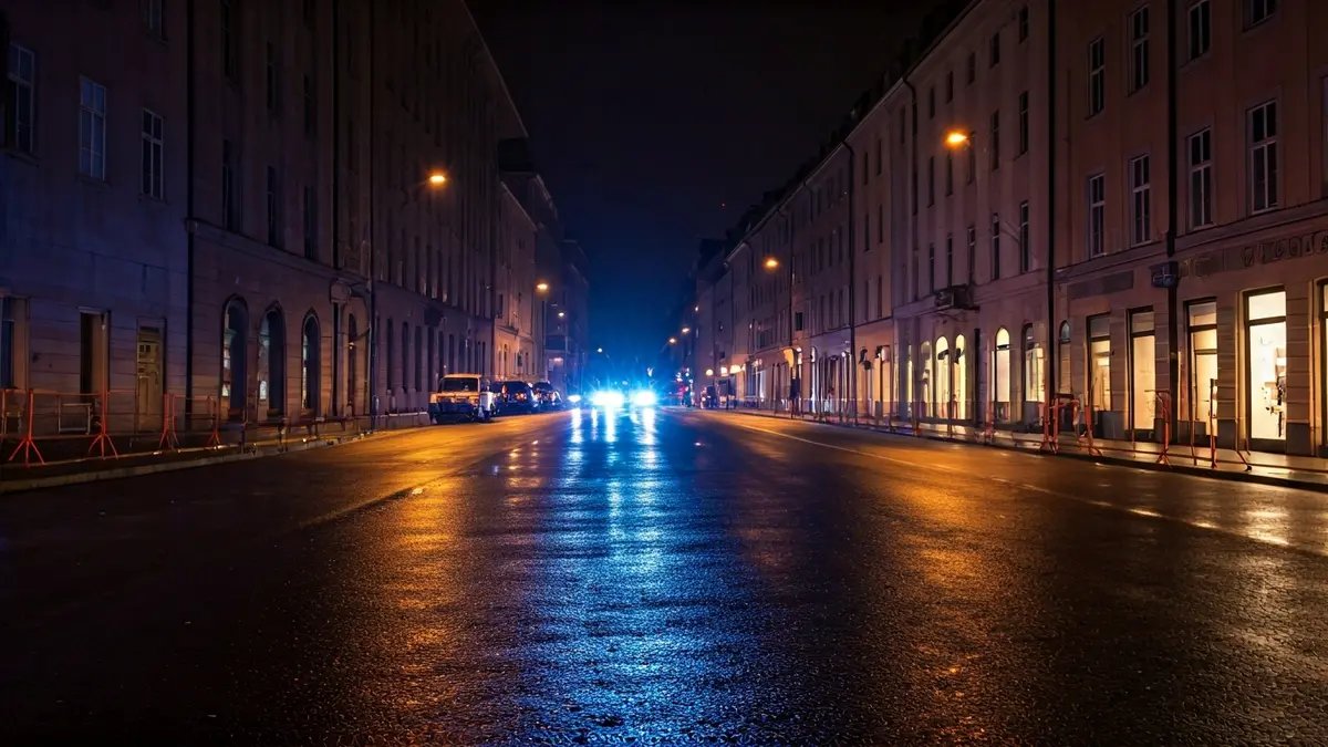 Imaxe xenérica de luces de emerxencia reflectíndose sobre asfalto mollado.