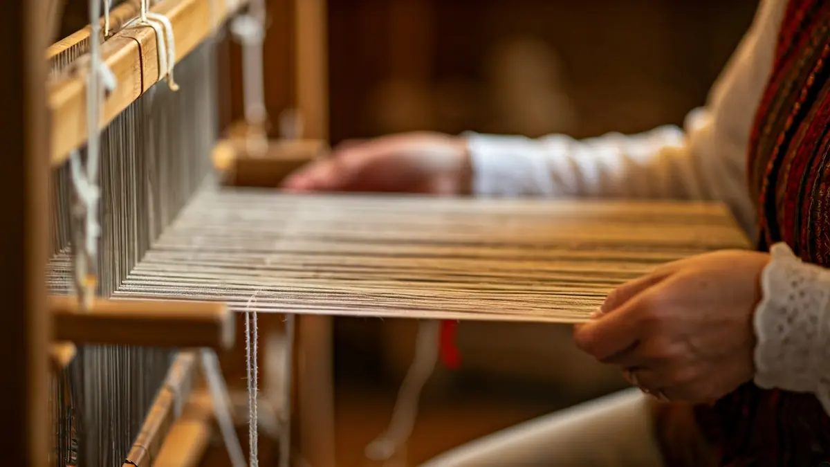 Imaxe dunhas mans tecendo un mantón tradicional de lá.