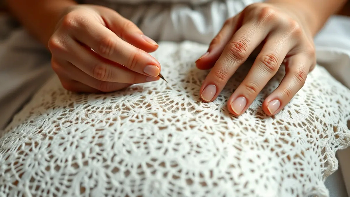 Imaxe xenérica de mans traballando encaixe de bolillos.