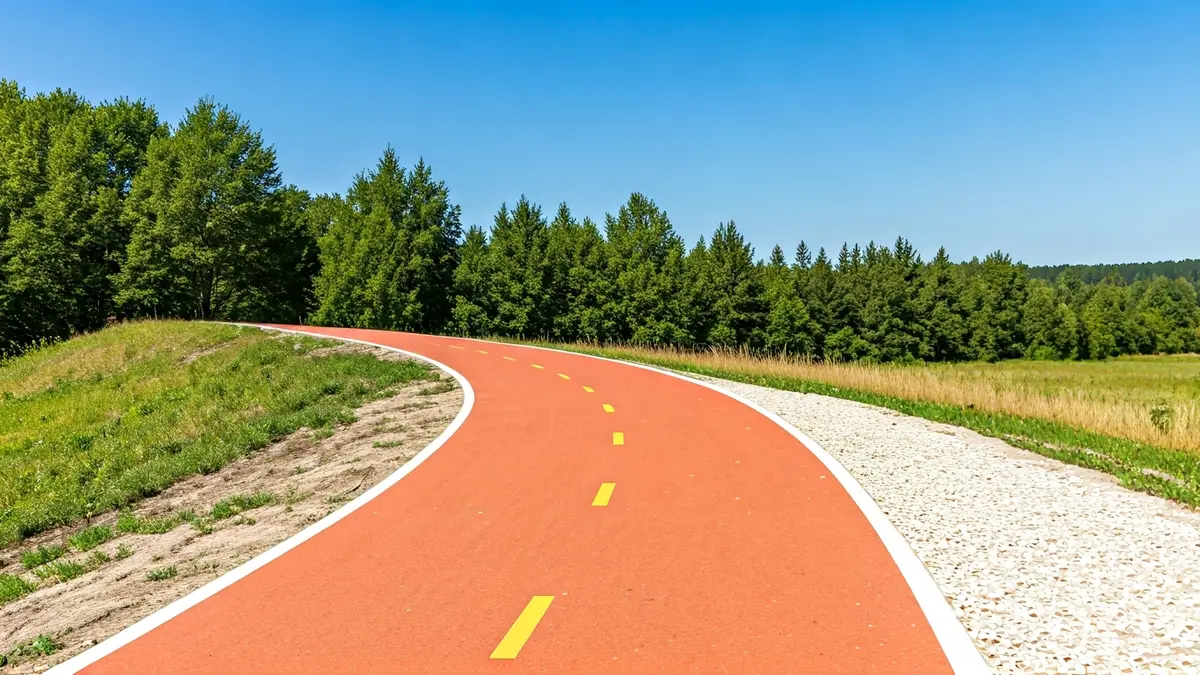 Imaxe dunha senda peonil de formigón coloreado que conecta dúas áreas verdes.