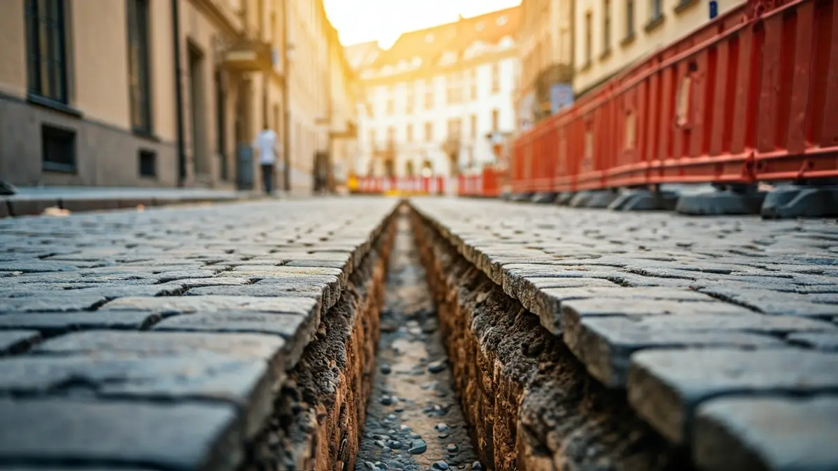 Imaxe xenérica de obras nunha rúa empedrada do centro histórico.