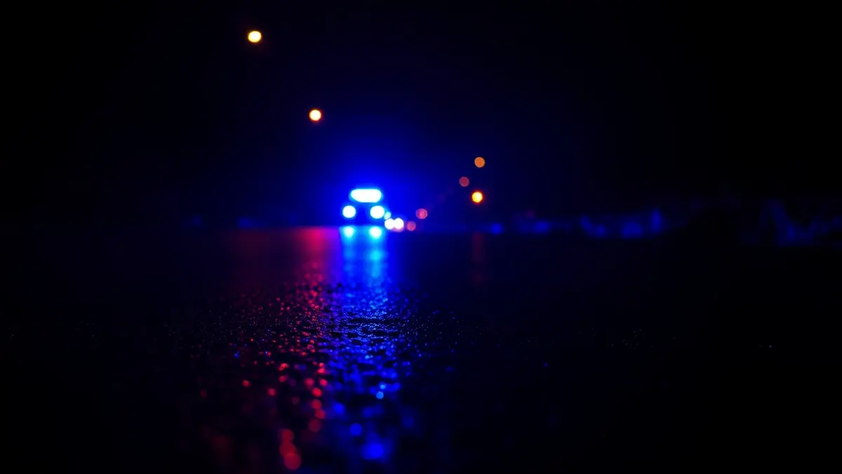 Imagen genérica de luces de emergencia reflejadas sobre asfalto mojado en un entorno rural gallego.