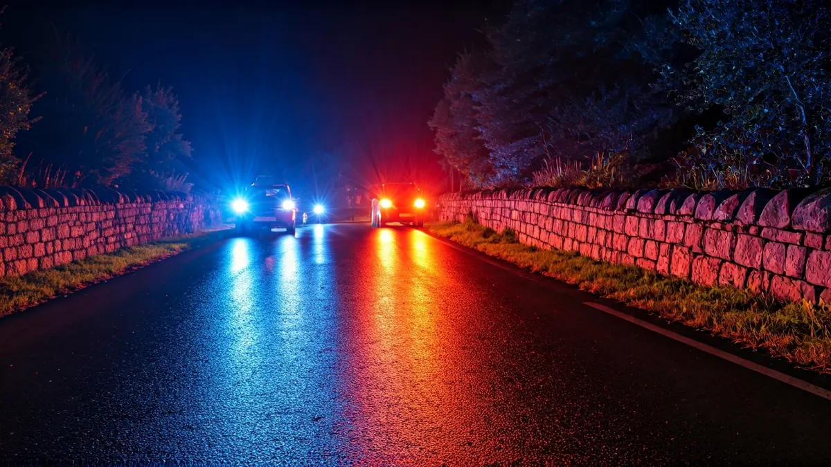 Imagen genérica de luces de emergencia reflejándose sobre asfalto mojado en un entorno rural gallego.