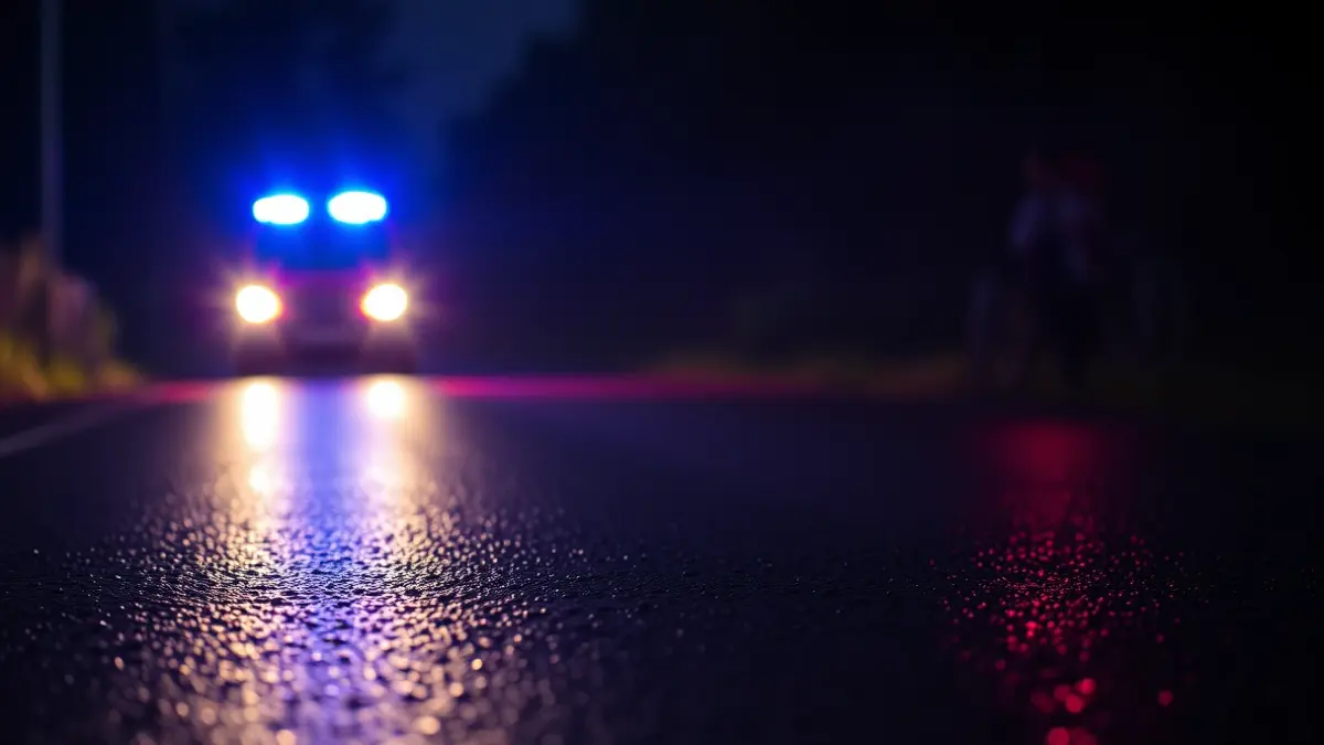 Imagen genérica de luces de emergencia reflejándose sobre asfalto mojado en un entorno rural gallego.