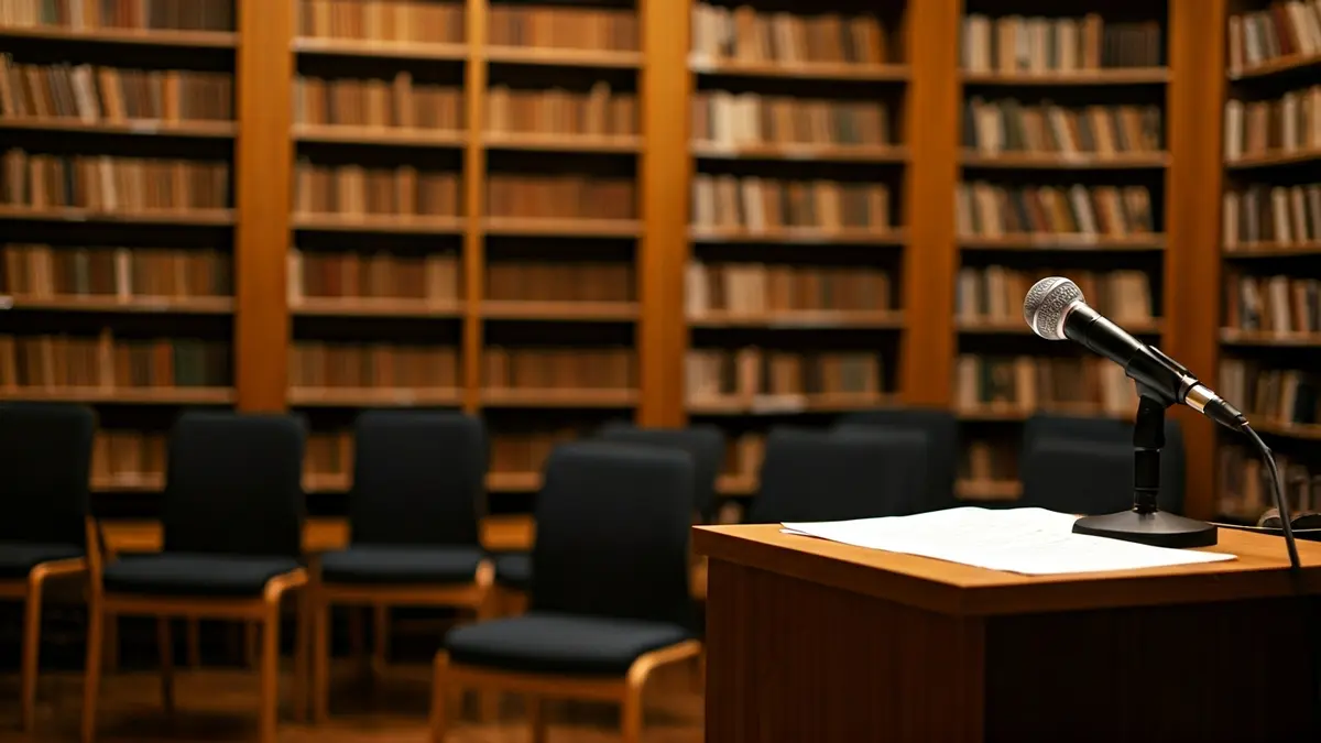 Imagen genérica de una sala de presentación de libros con un micrófono y sillas vacías.