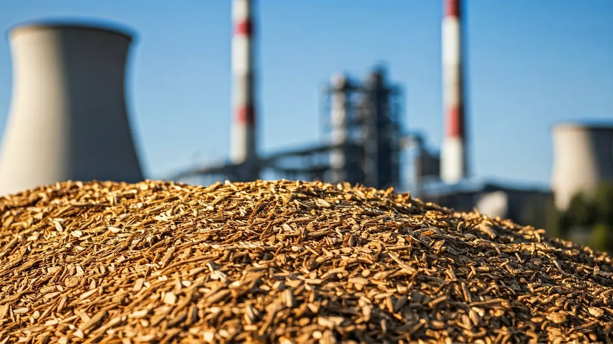 Imaxe xenérica de biomasa e unha planta industrial ao fondo.