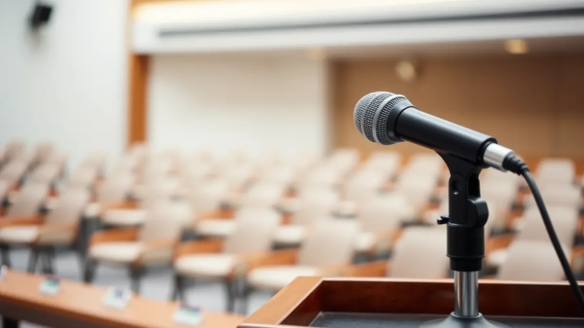 Imaxe xenérica dun micrófono nun podio, simbolizando un evento diplomático ou xurídico.