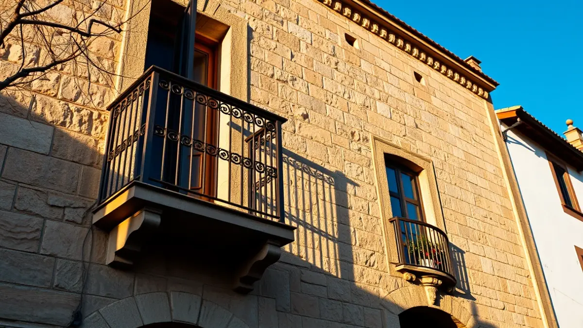 Fachada de pedra dun concello galego con balcón e varandas de ferro, baixo a luz do sol.