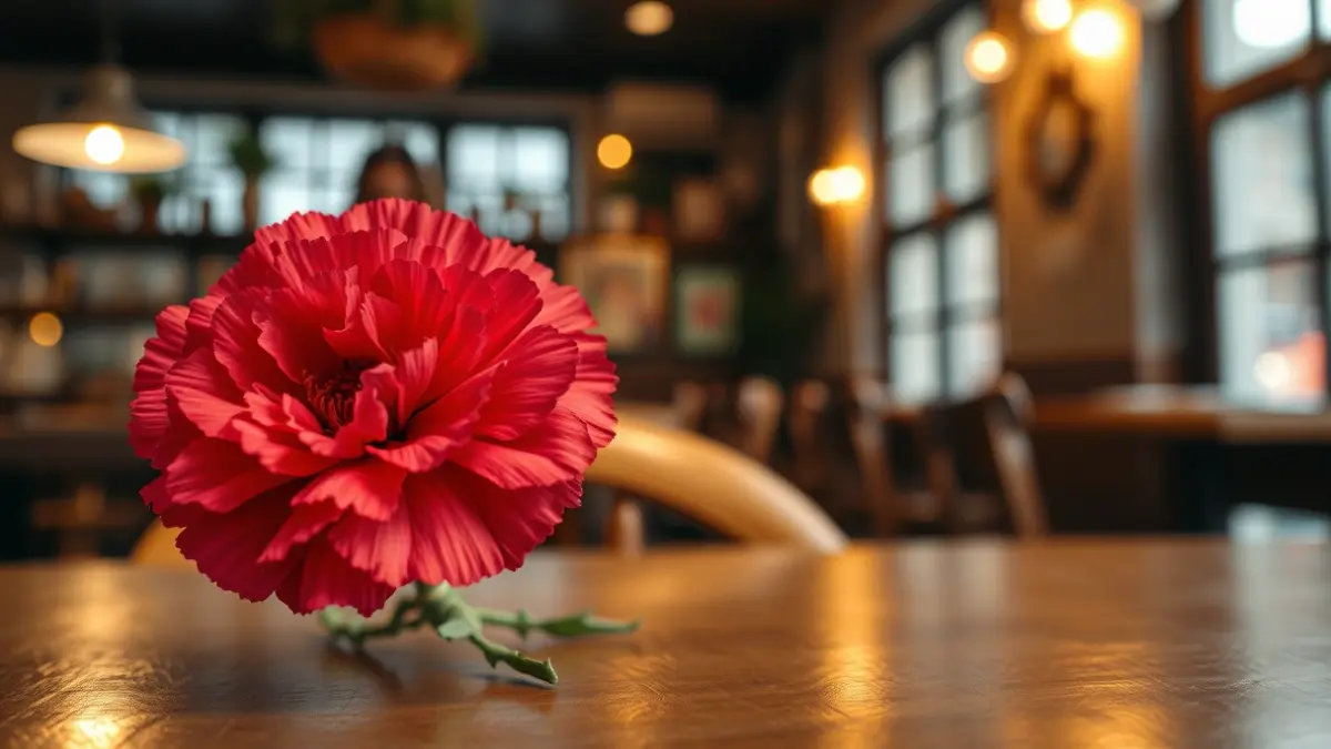 Imaxe dun caravel vermello, símbolo da Revolución dos Cravos, nunha mesa de madeira.