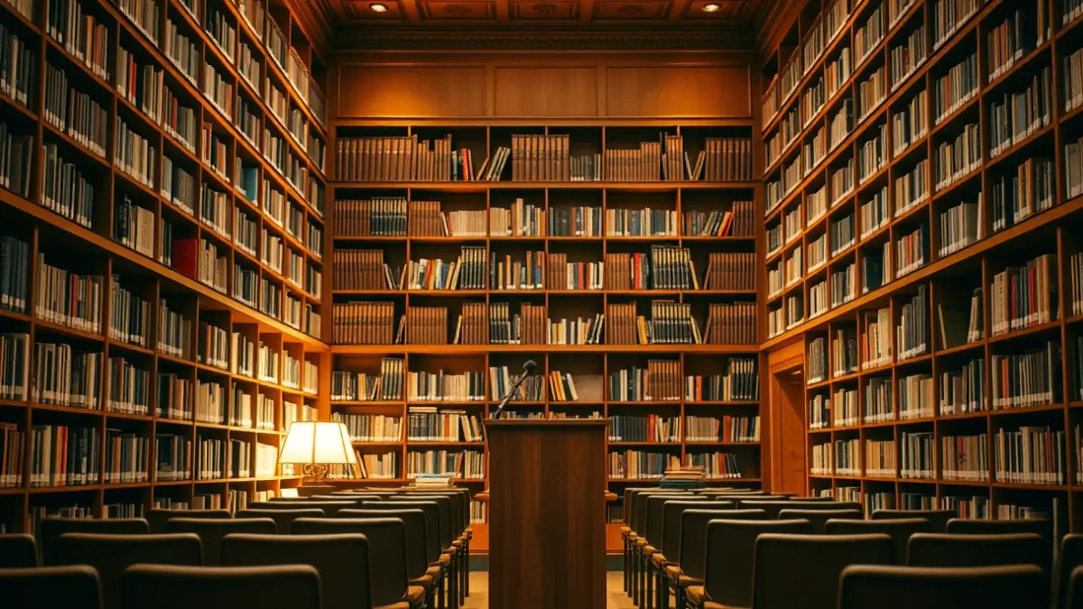 Imagen genérica de una biblioteca con estanterías de madera y un atril con micrófono.