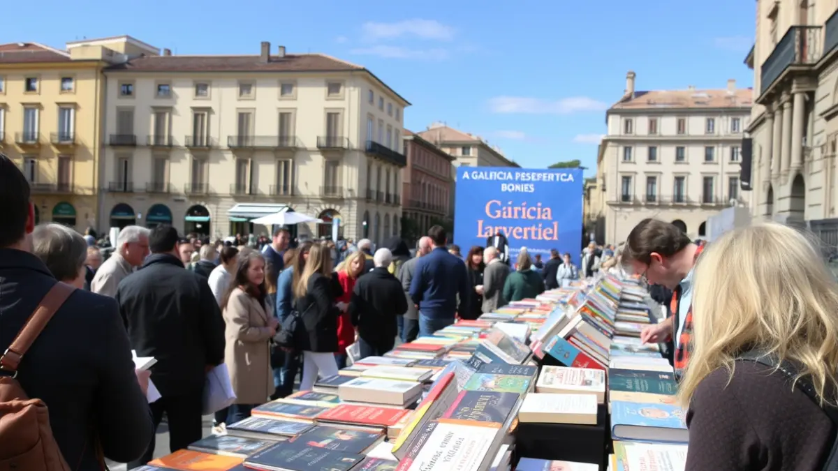 Imagen de una feria del libro al aire libre en una plaza gallega, con puestos y gente leyendo.