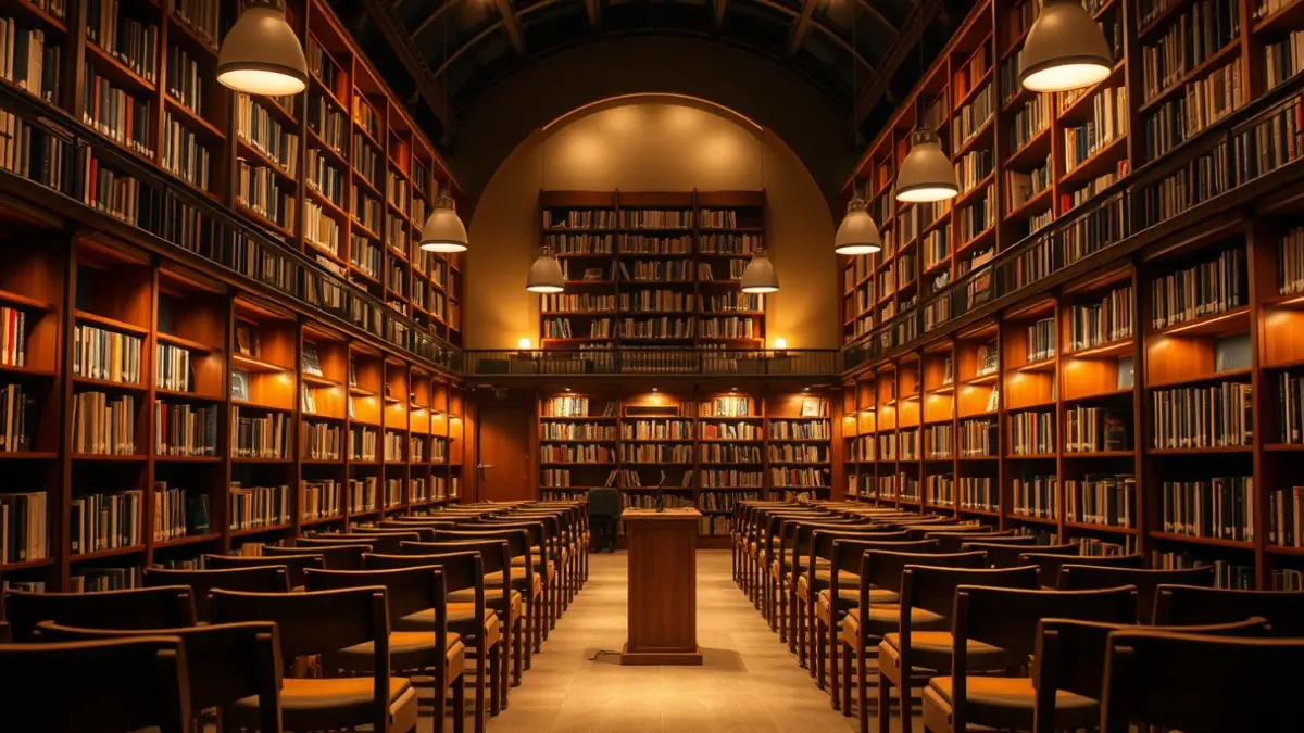 Imaxe xenérica dunha biblioteca con estantes de madeira e un micrófono nun podio, con cadeiras baleiras e luz cálida.