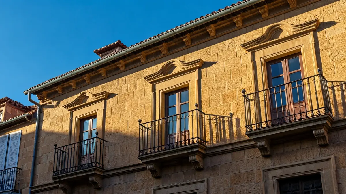 Imaxe da fachada dun edificio histórico, posiblemente un concello, con luz cálida da tarde.