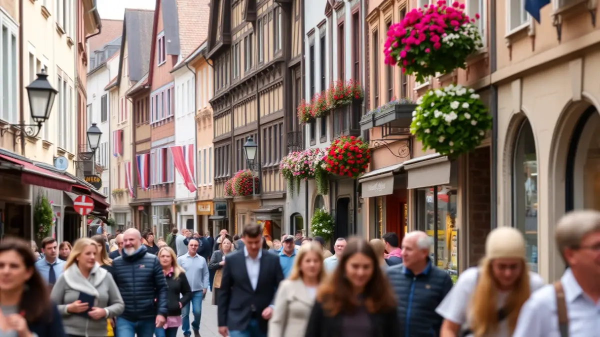 Imaxe xenérica dunha rúa animada nunha cidade histórica con decoracións primaverais.