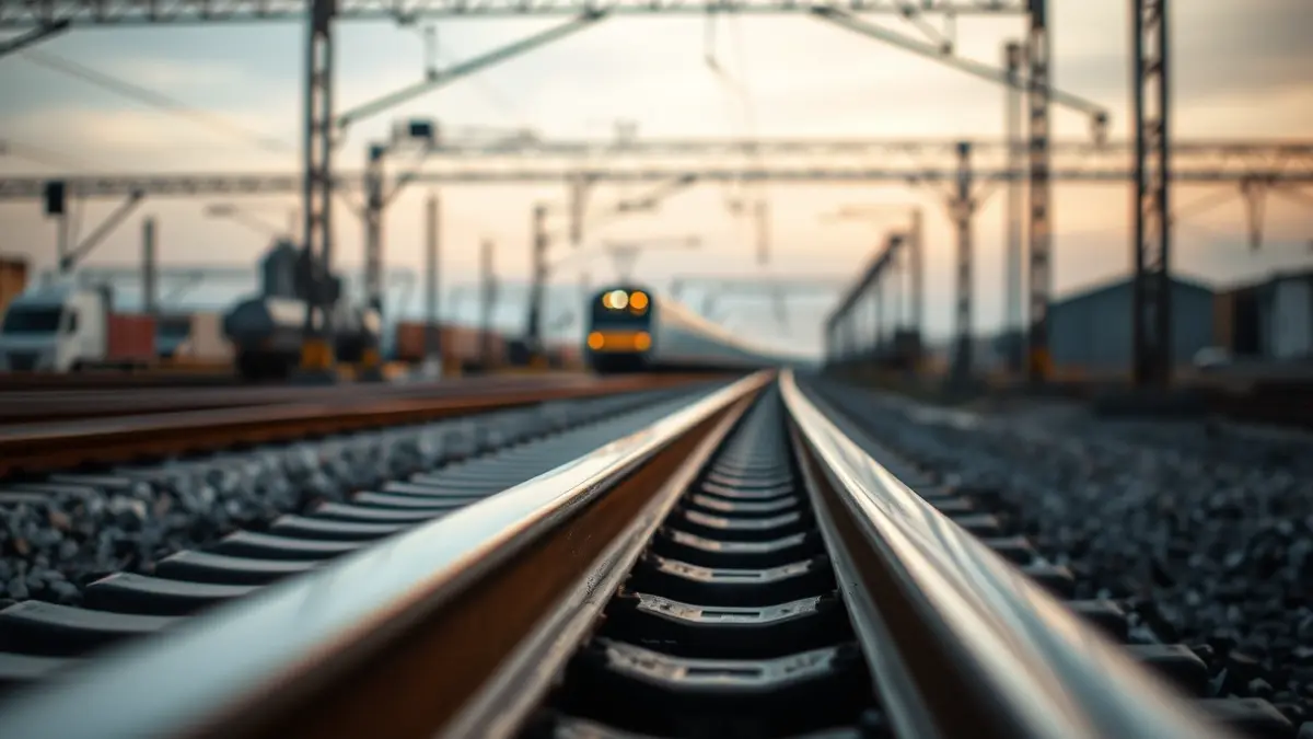 Imaxe xenérica de vías de tren co tren achegándose ao fondo.