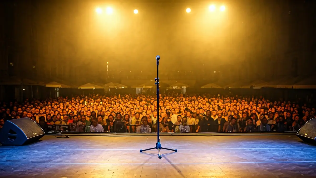 Imagen genérica de un escenario de concierto con luces dinámicas y un micrófono.