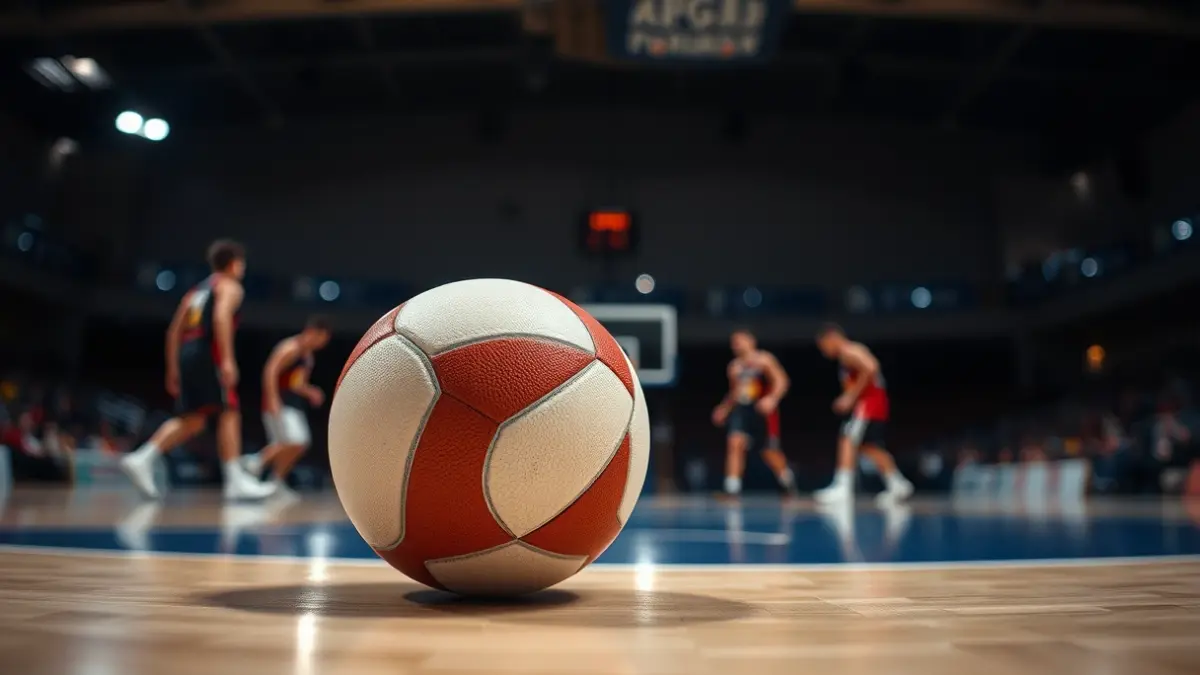 Imaxe xenérica dun balón de balonmán nunha cancha.