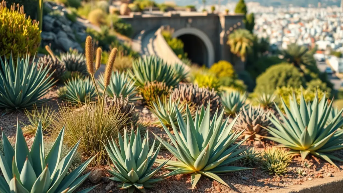 Imaxe do xardín do Mirador de Os Castros na Coruña, con plantas xerófilas e vistas á cidade.