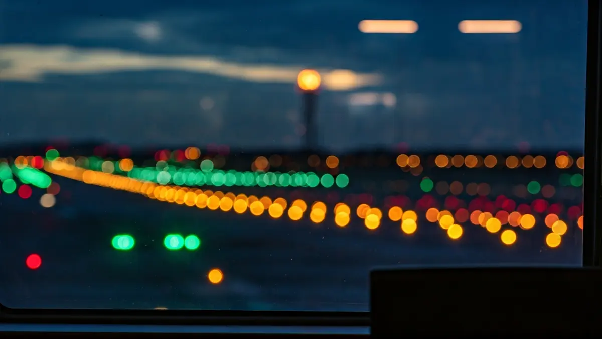 Imaxe xenérica dunha torre de control aeroportuaria pola noite, con luces da pista borrosas.