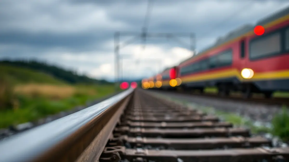 Imaxe xenérica de vías de tren coas luces dun tren difuminadas ao fondo.