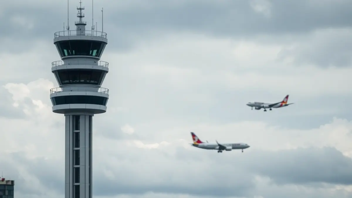 Imaxe dunha torre de control aeroportuaria, suxerindo a folga de controladores.