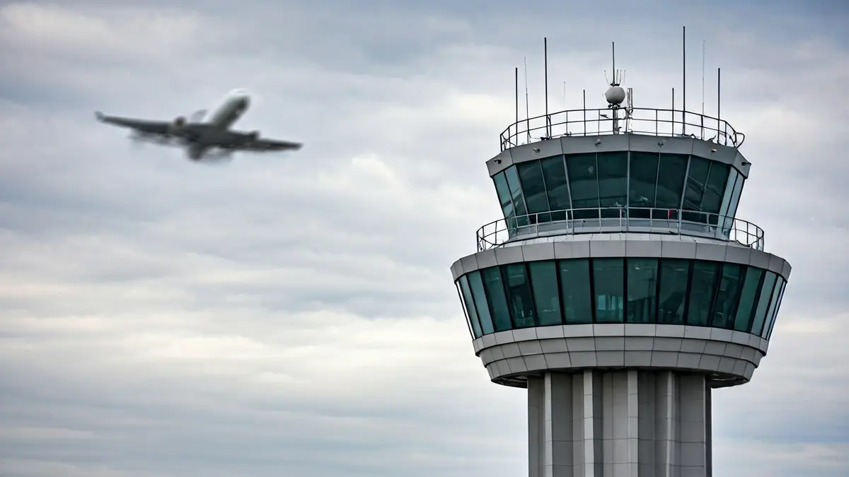 Torre de control dun aeroporto co ceo anubrado de fondo.