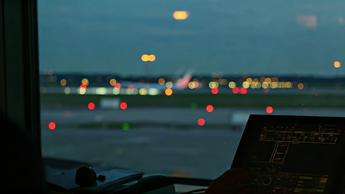 Imaxe dunha torre de control aeroportuario ao anoitecer, con luces borrosas da pista e un avión ao lonxe.