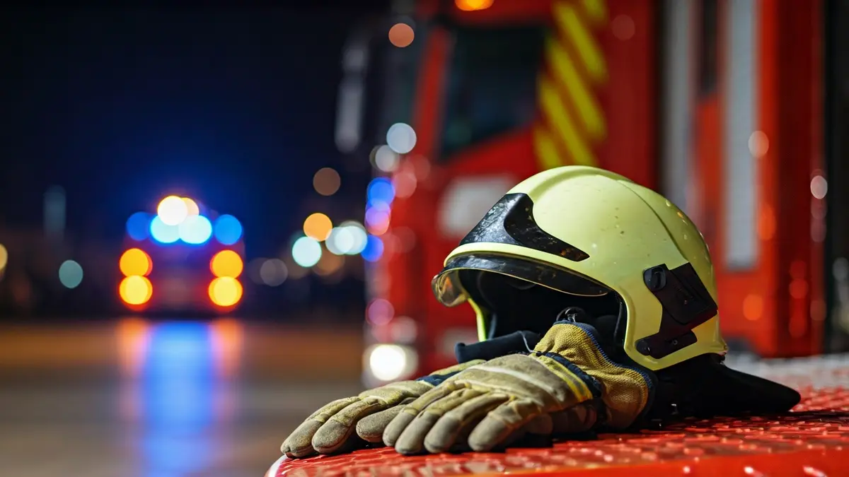 Imagen genérica de equipamiento de bombero, con casco y guantes sobre un camión de bomberos y luces de emergencia difuminadas al fondo.