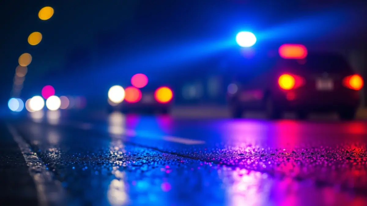 Imaxe xenérica de luces de emerxencia reflectíndose sobre asfalto mollado.