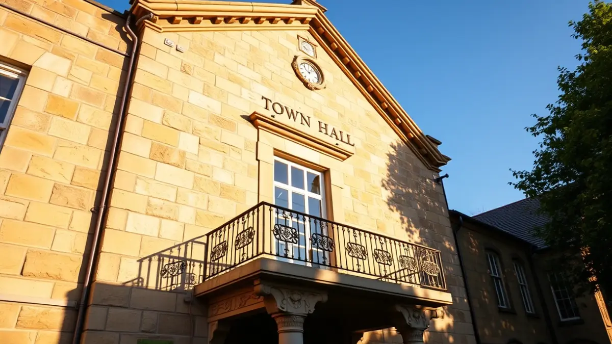 Fachada dun concello de pedra con balcón e varandas de ferro, baixo a luz do sol da tarde.