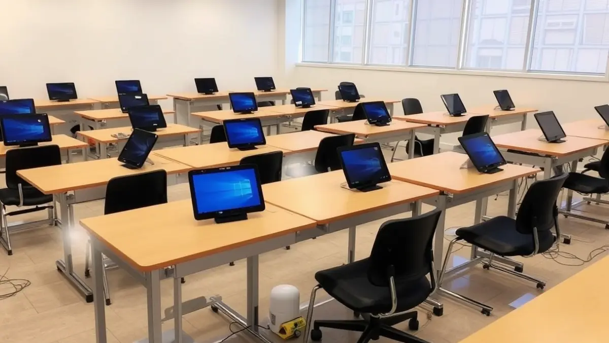 Imaxe xenérica dunha aula moderna con ordenadores para exames teóricos de conducir.