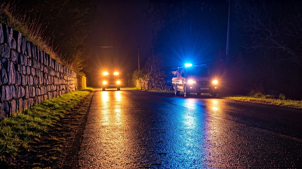 Imagen genérica de luces de emergencia reflejándose sobre asfalto mojado en una carretera rural gallega.