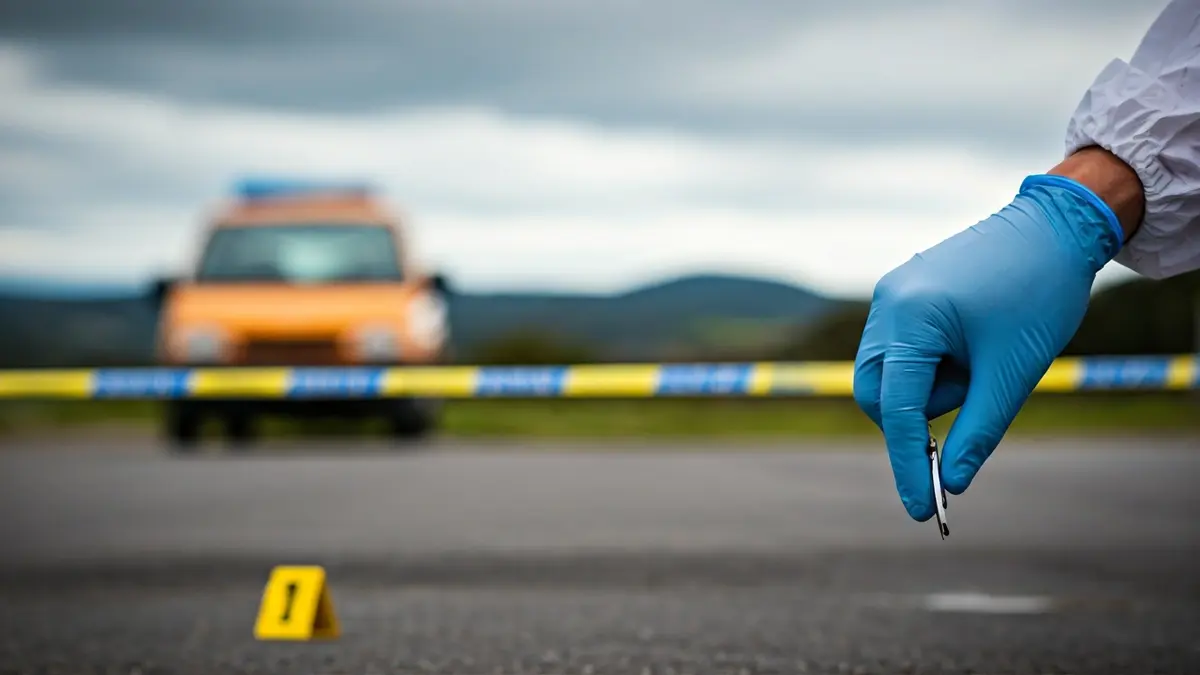 Imaxe dunha man enguantada recollendo probas nunha escena simulada.