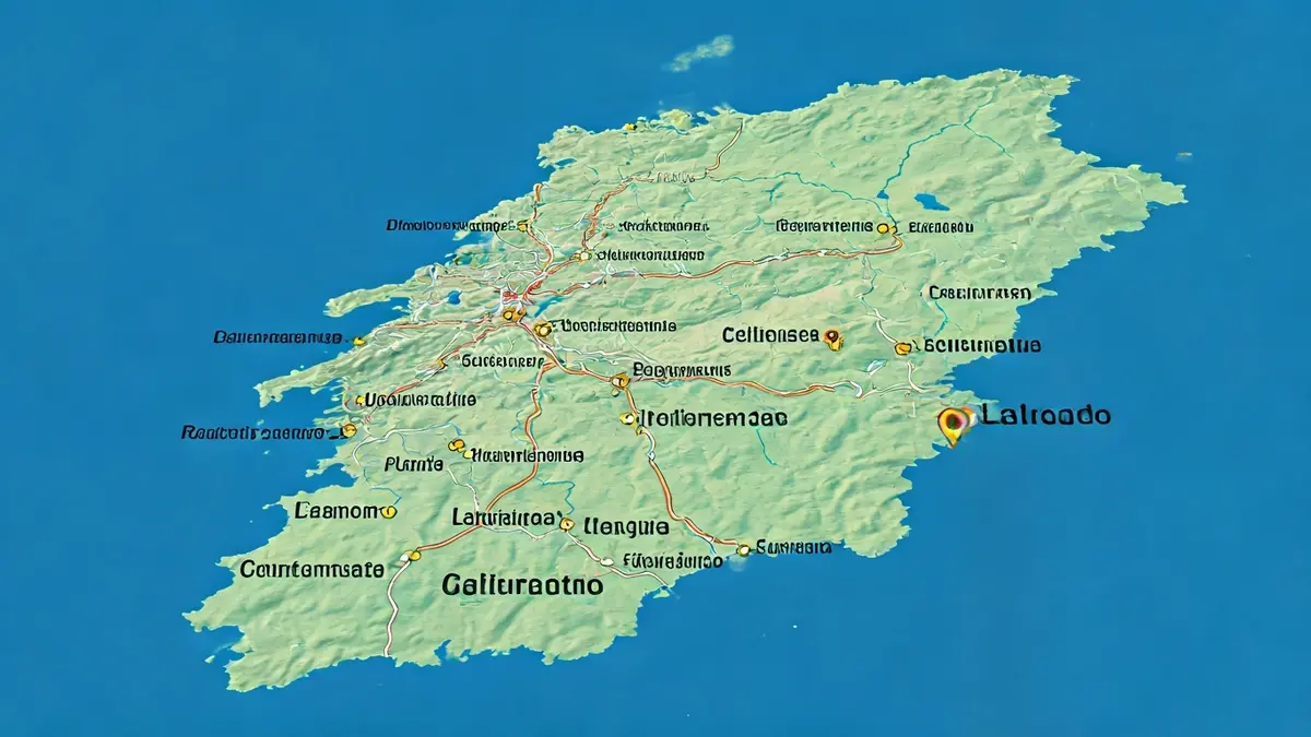 Imaxe dun mapa de Galicia con topónimos resaltados.