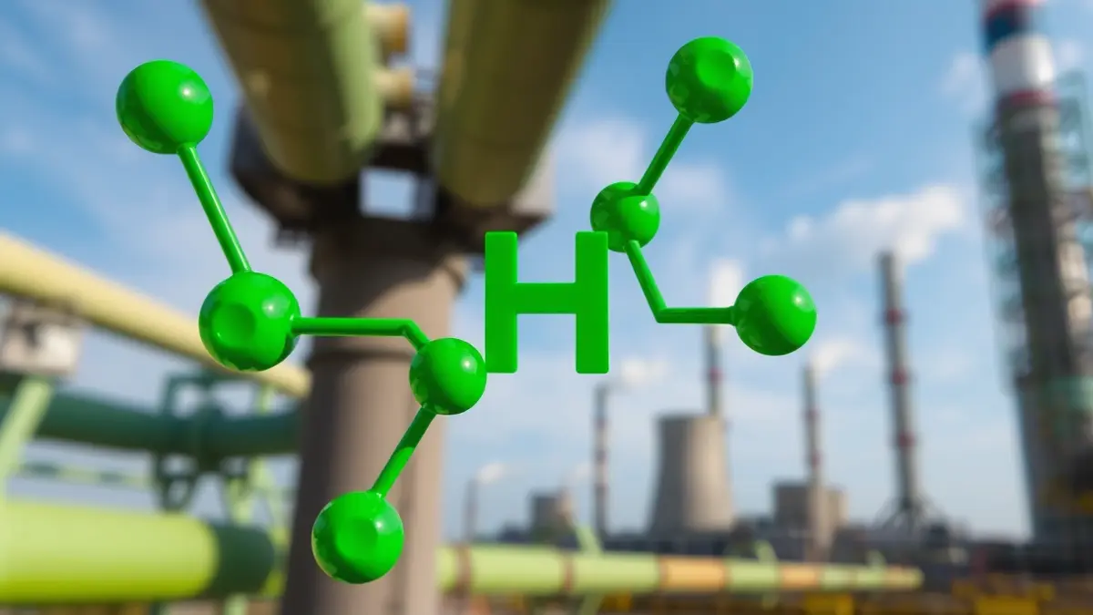 Imagen genérica de una molécula de hidrógeno verde, con infraestructuras industriales al fondo.