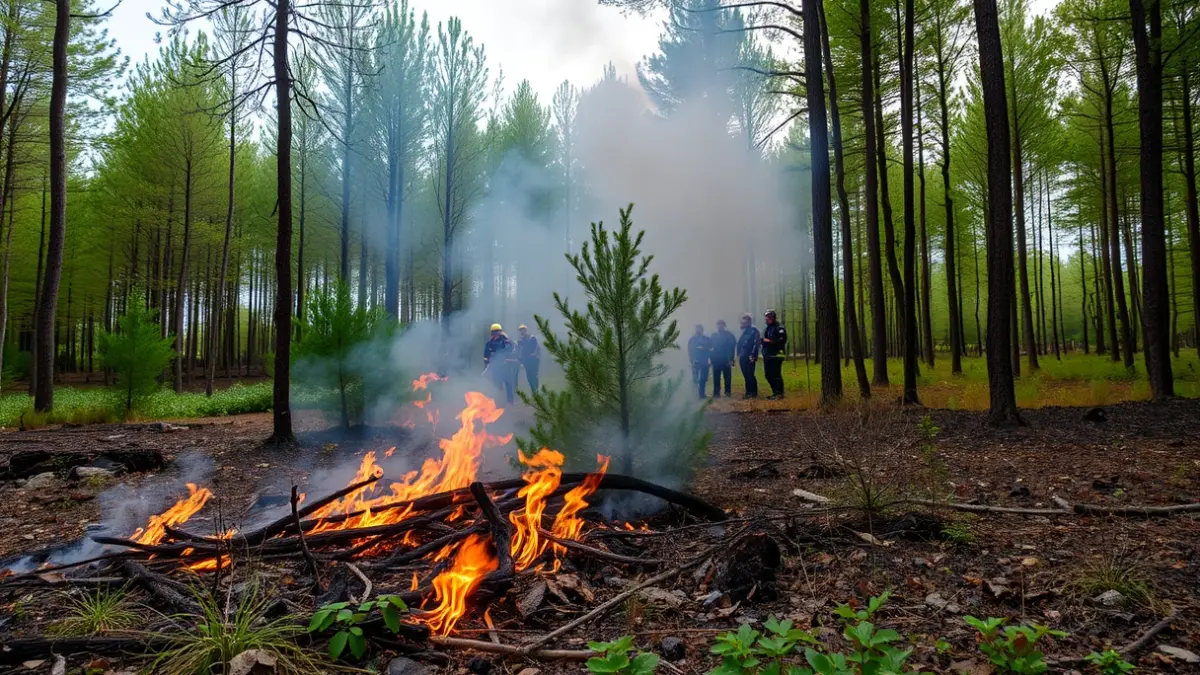 Imaxe dunha queima controlada nun monte galego, con fume e equipos de extinción.