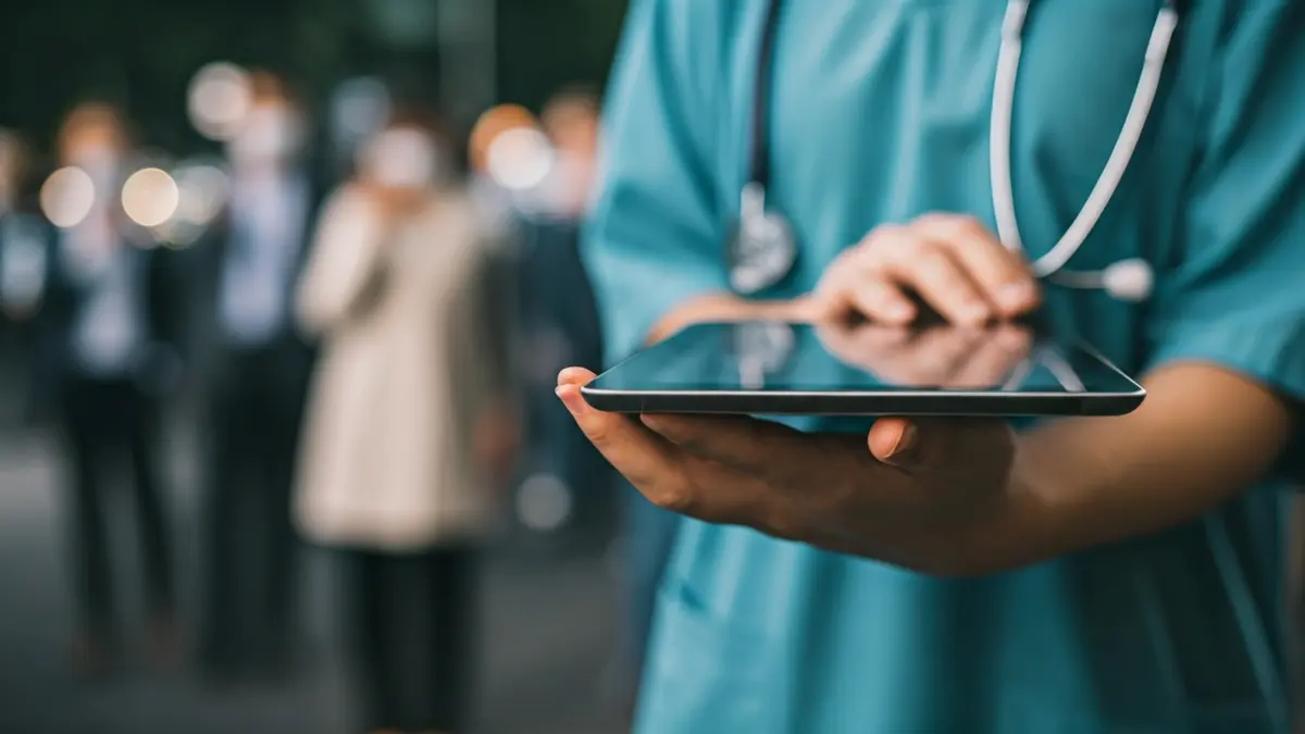 Imaxe xenérica de mans dun profesional sanitario usando un dispositivo dixital, simbolizando a violencia dixital.