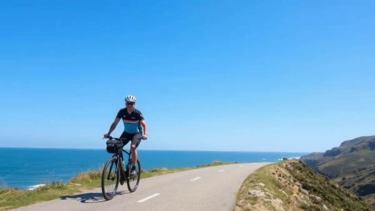 Imaxe dun ciclista percorrendo unha ruta costeira en Galicia, co océano Atlántico e cantís ao fondo.