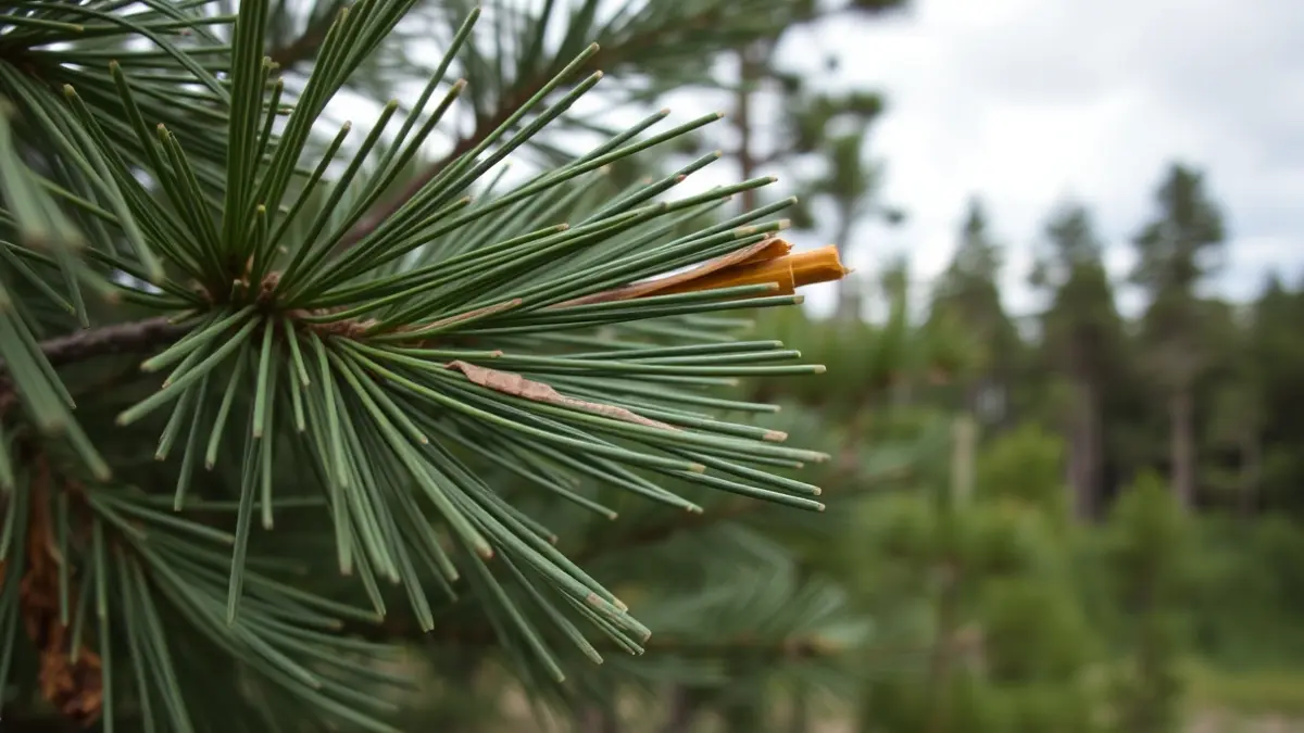 Imaxe de agullas de piñeiro afectadas pola banda marrón.