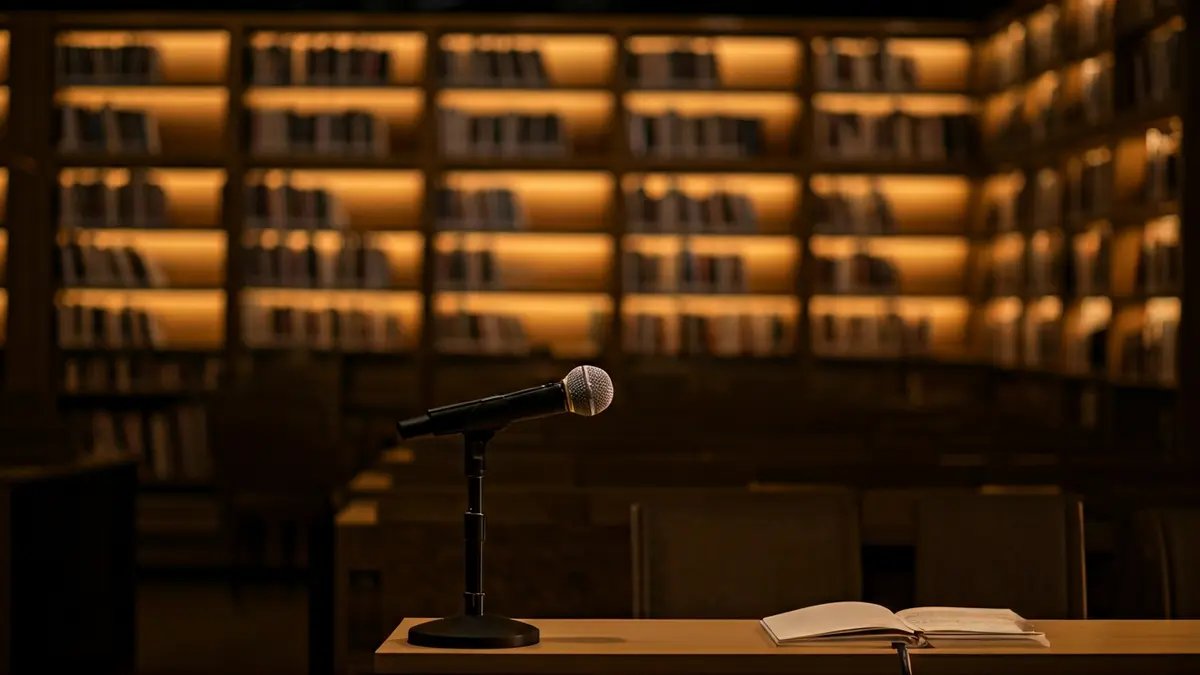 Imagen genérica de una biblioteca con estantes de madera y un podio con micrófono, evocando un ambiente de lectura y homenaje.