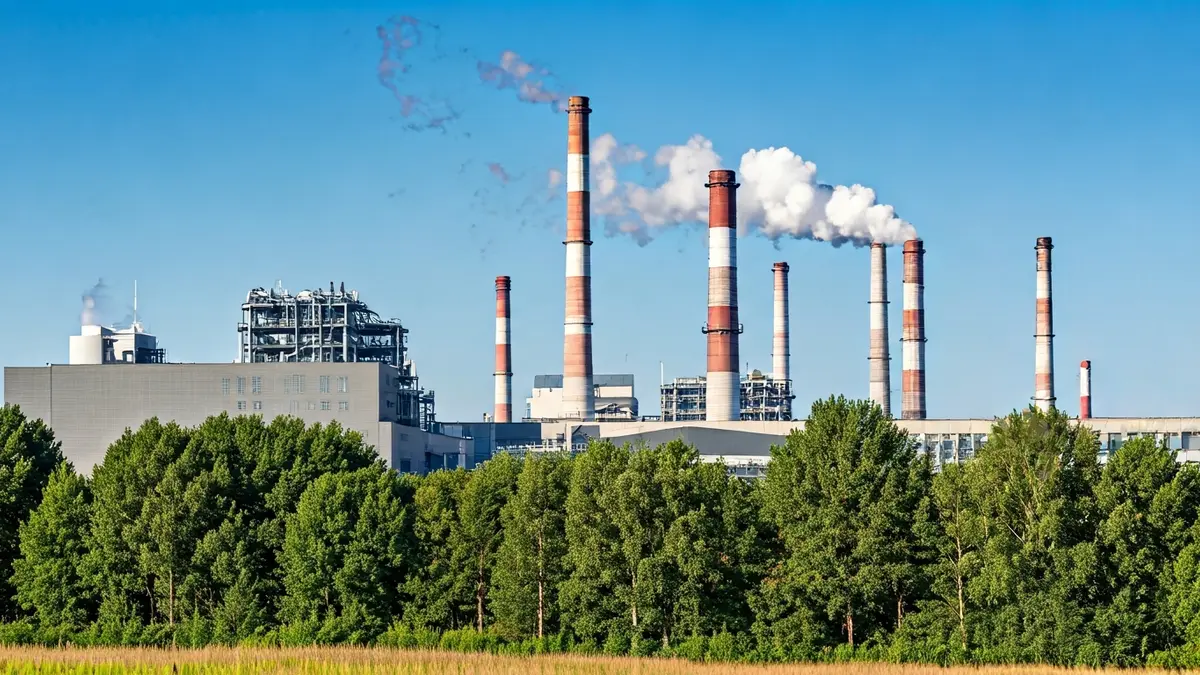 Imaxe dunha planta industrial moderna con chemineas, rodeada de vexetación, simbolizando a descarbonización.