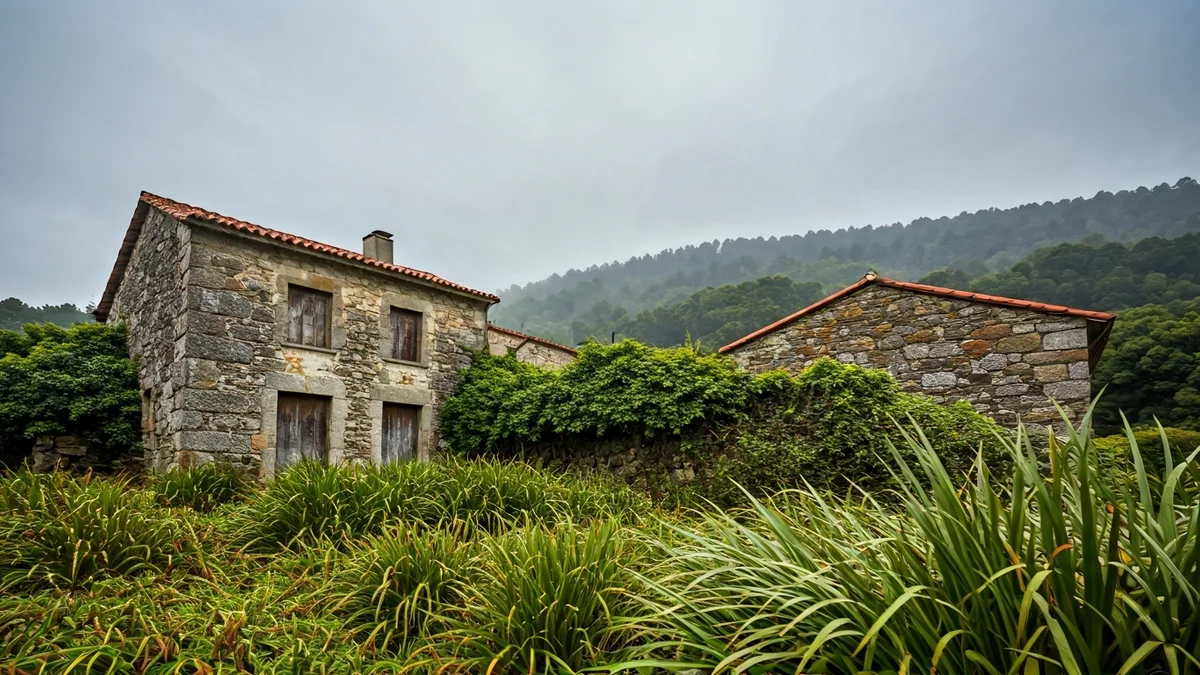Imagen de una casa de piedra en ruinas en una aldea gallega, rodeada de vegetación, bajo un cielo nublado.