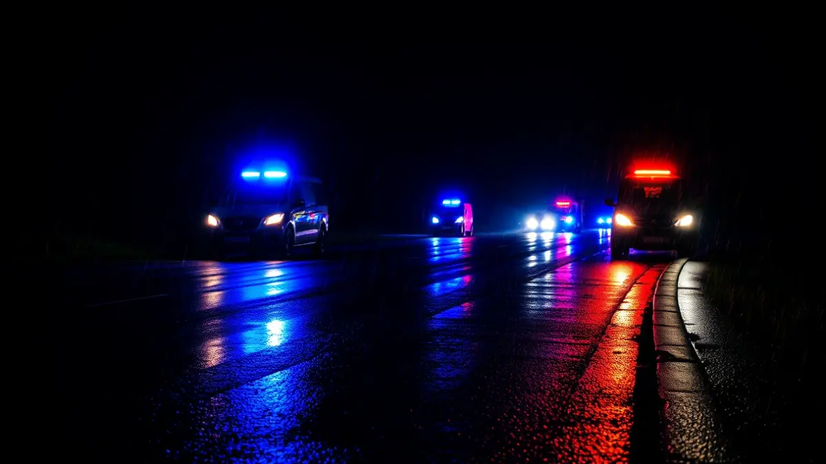 Imagen genérica de luces de emergencia reflejándose sobre asfalto mojado en una noche de tormenta en Galicia.