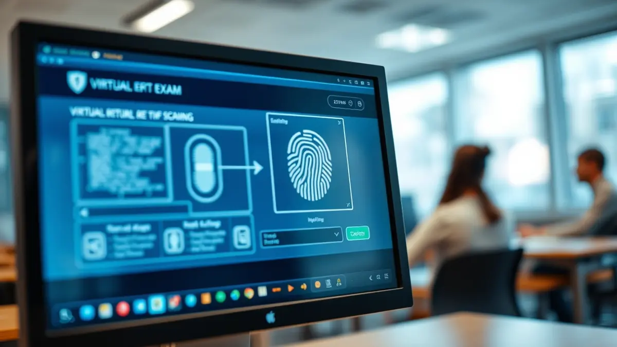 Imaxe xenérica dunha pantalla de ordenador mostrando un exame virtual con elementos biométricos.