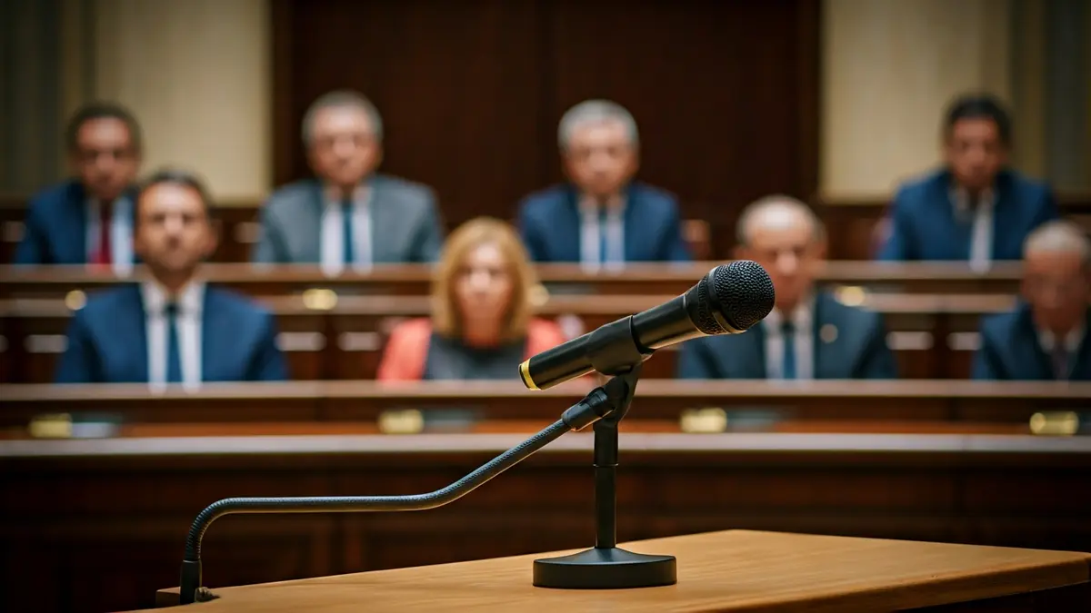 Imaxe xenérica dun micrófono nun podio nun parlamento.