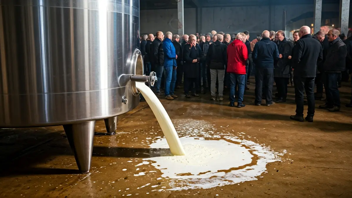 Imagen de un tanque de leche vaciándose en una granja.
