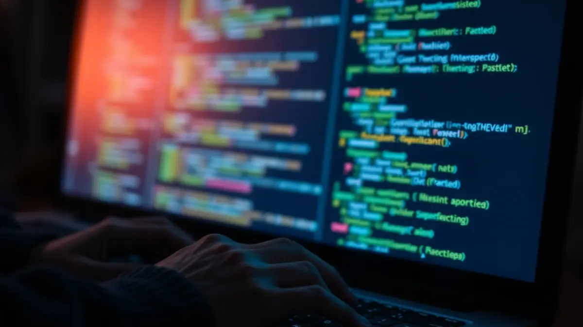 Imagen genérica de ciberseguridad, con una pantalla de ordenador mostrando código y manos tecleando.