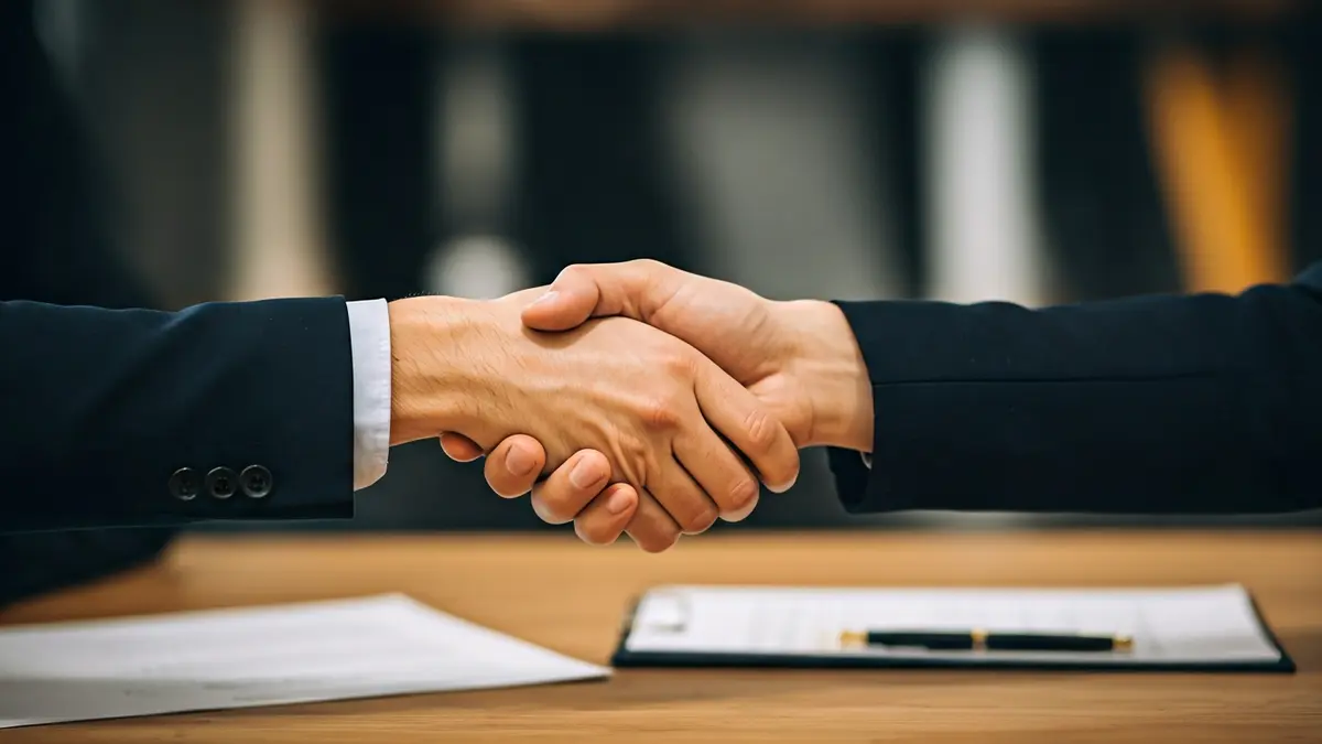 Imaxe xenérica de dúas mans estreitándose sobre unha mesa, simbolizando un acordo empresarial.