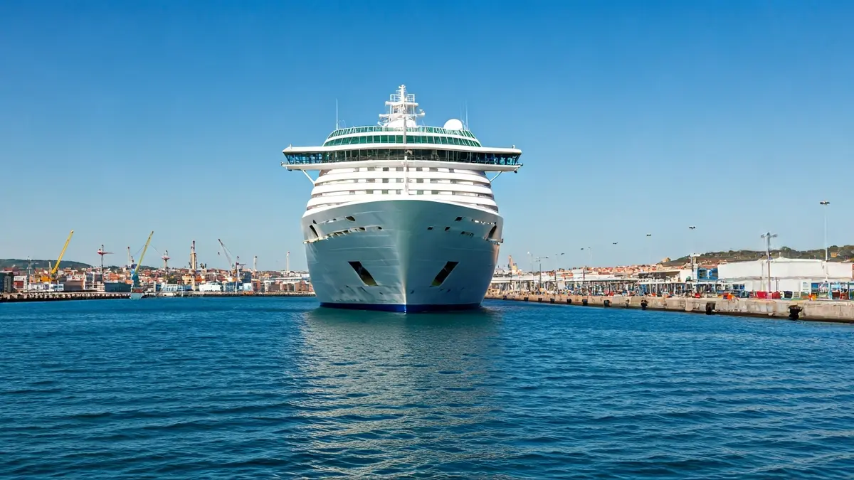 Imaxe xenérica dun cruceiro navegando cara a un porto.