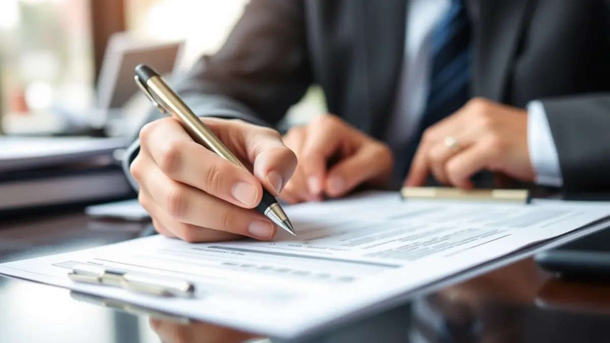 Imagen genérica de manos rellenando formularios oficiales en una oficina.
